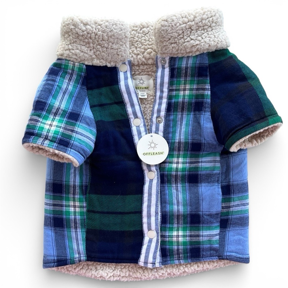 OFFLINE by Aerie‎ M Puppy Flannel Shirt Blue Green Plaid Sherpa Lined Dog Jacket